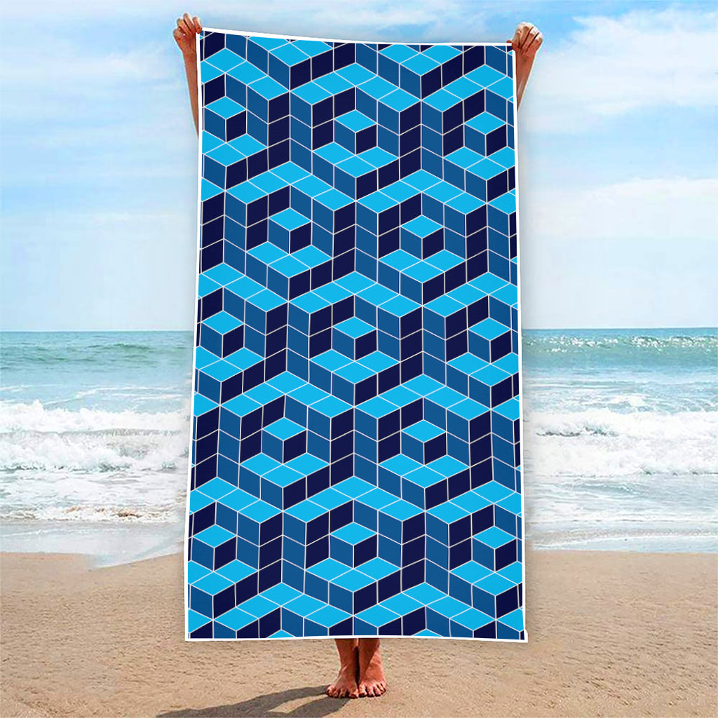 Blue Geometric Cube Shape Pattern Print Beach Towel