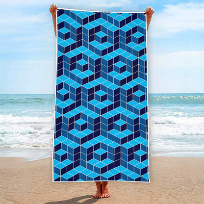 Blue Geometric Cube Shape Pattern Print Beach Towel
