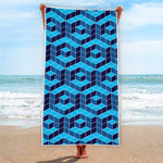 Blue Geometric Cube Shape Pattern Print Beach Towel