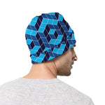 Blue Geometric Cube Shape Pattern Print Beanie