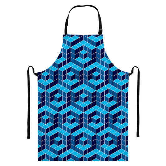 Blue Geometric Cube Shape Pattern Print Bib Apron With Pocket