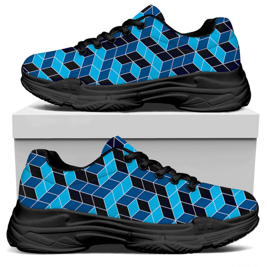 Blue Geometric Cube Shape Pattern Print Black Chunky Shoes