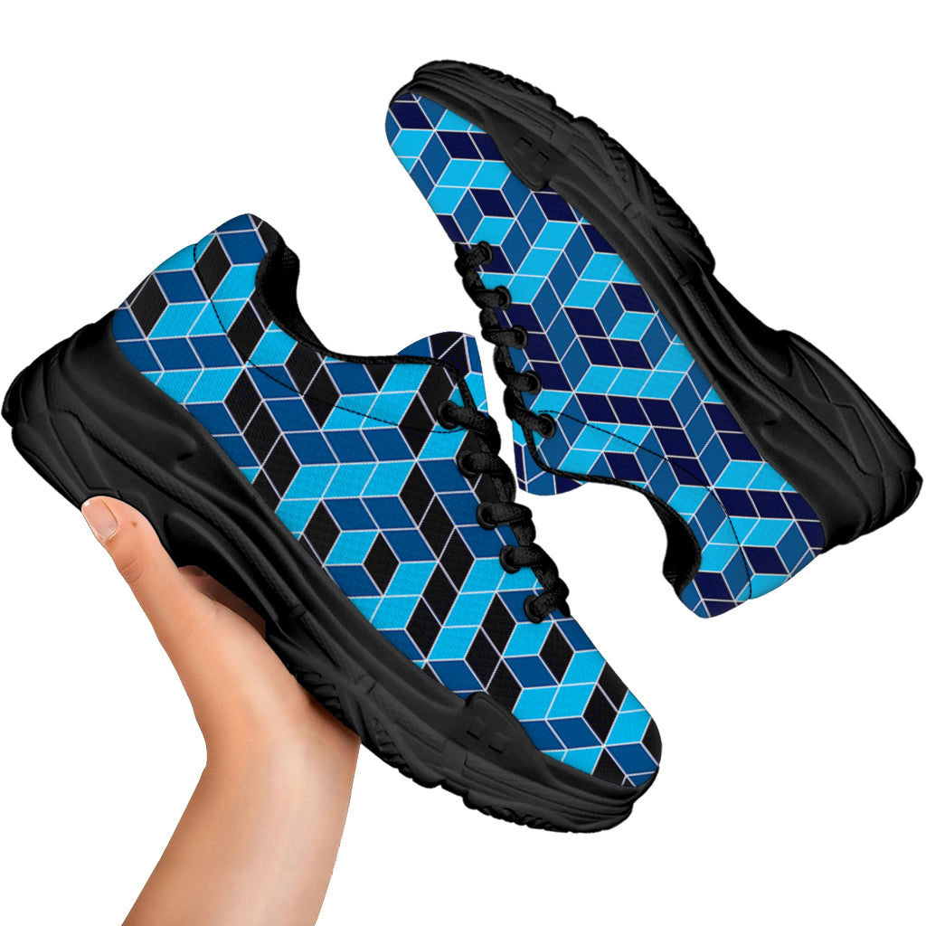 Blue Geometric Cube Shape Pattern Print Black Chunky Shoes