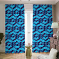 Blue Geometric Cube Shape Pattern Print Dimout Pencil Pleat Curtains
