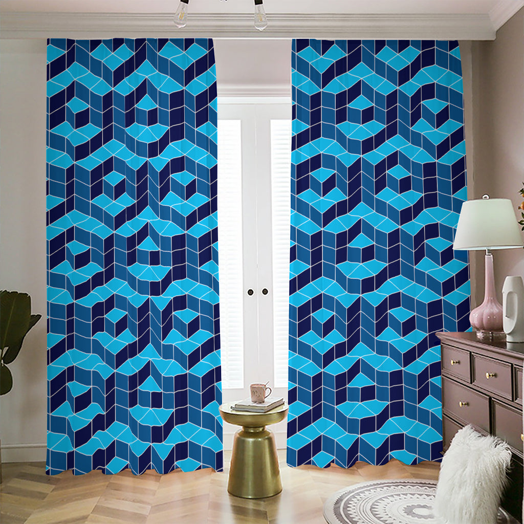 Blue Geometric Cube Shape Pattern Print Blackout Pencil Pleat Curtains
