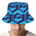Blue Geometric Cube Shape Pattern Print Bucket Hat