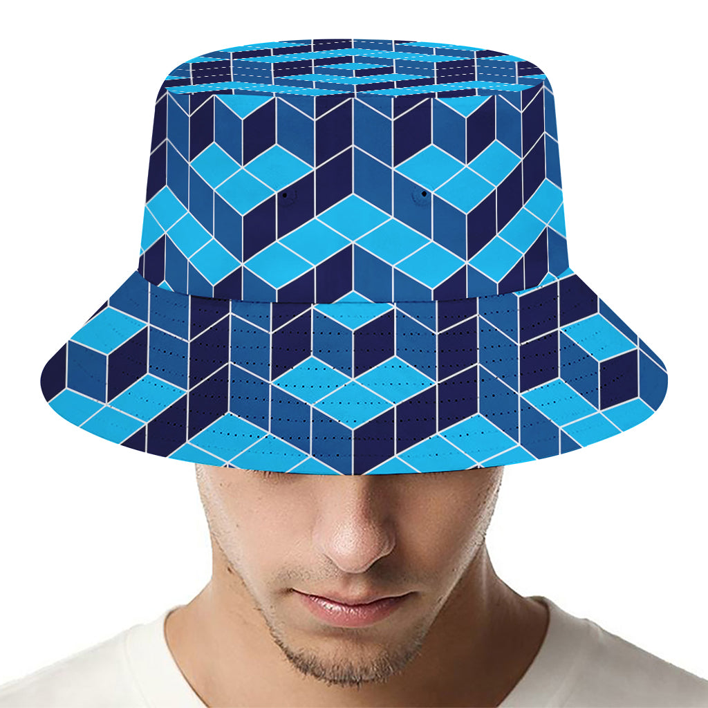 Blue Geometric Cube Shape Pattern Print Bucket Hat
