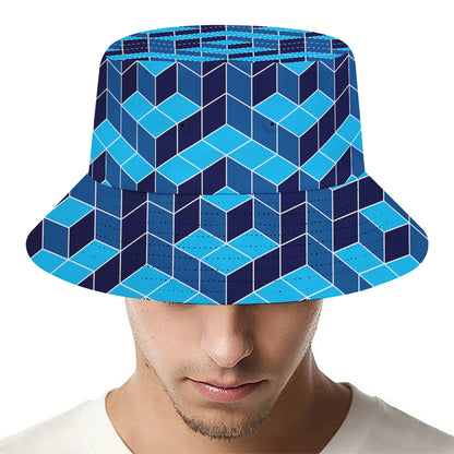 Blue Geometric Cube Shape Pattern Print Bucket Hat