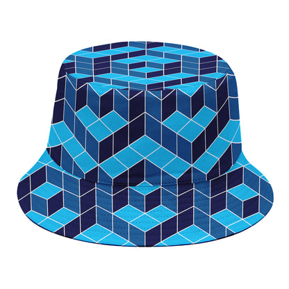 Blue Geometric Cube Shape Pattern Print Bucket Hat