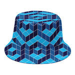 Blue Geometric Cube Shape Pattern Print Bucket Hat