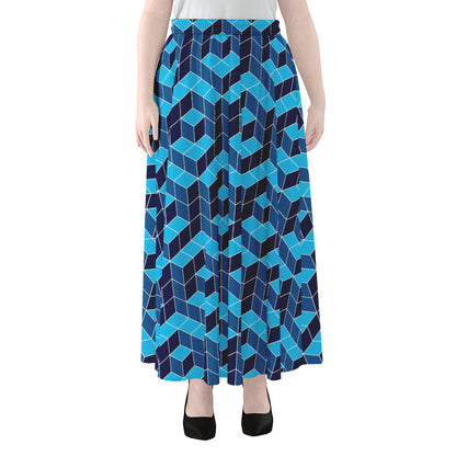 Blue Geometric Cube Shape Pattern Print Chiffon Maxi Skirt
