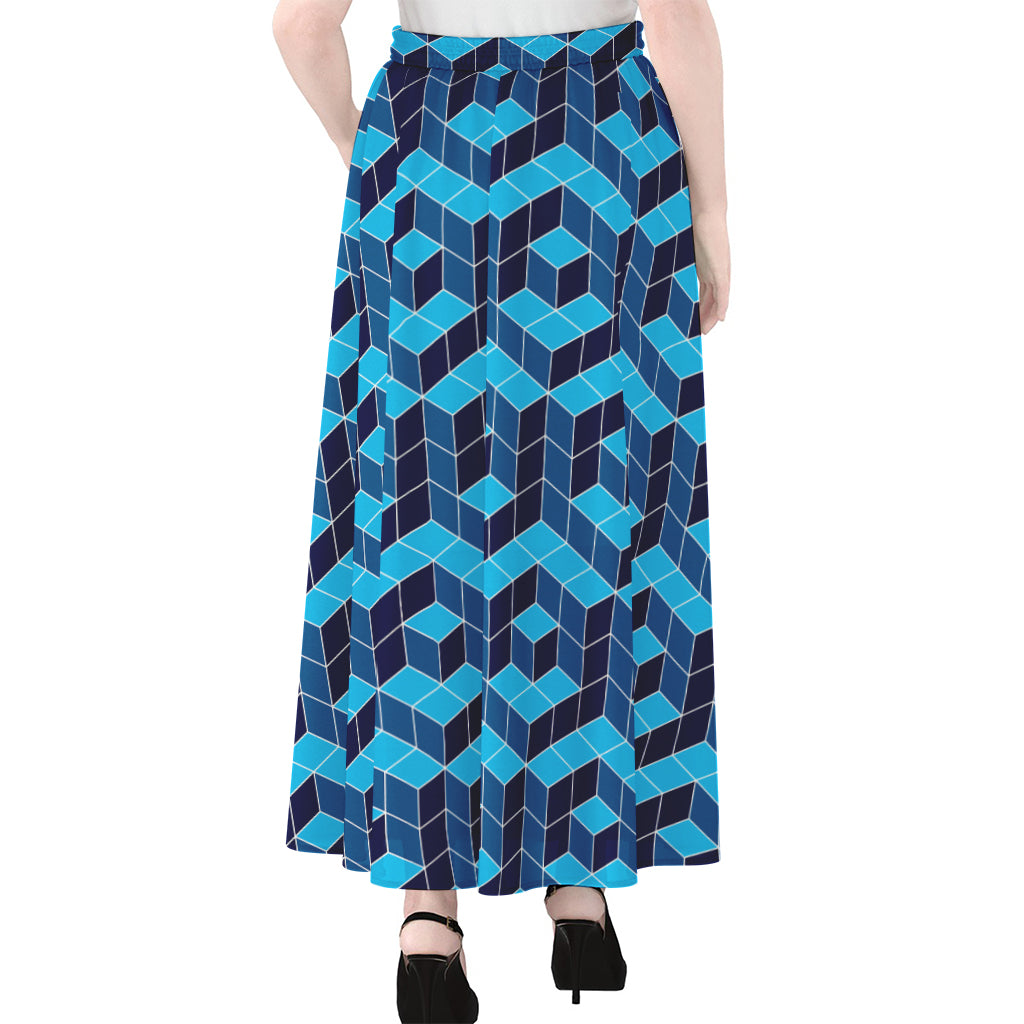 Blue Geometric Cube Shape Pattern Print Chiffon Maxi Skirt
