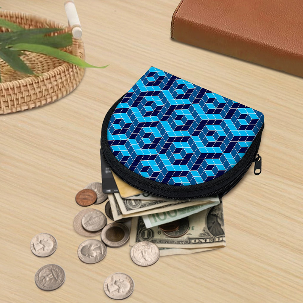 Blue Geometric Cube Shape Pattern Print Coin Purse