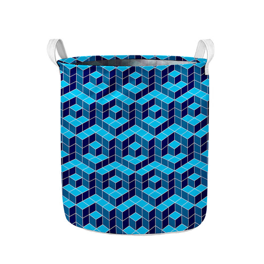 Blue Geometric Cube Shape Pattern Print Collapsible Laundry Basket
