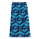 Blue Geometric Cube Shape Pattern Print Cotton Front Slit Maxi Skirt