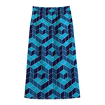 Blue Geometric Cube Shape Pattern Print Cotton Front Slit Maxi Skirt