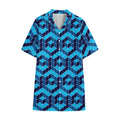 Blue Geometric Cube Shape Pattern Print Cotton Hawaiian Shirt