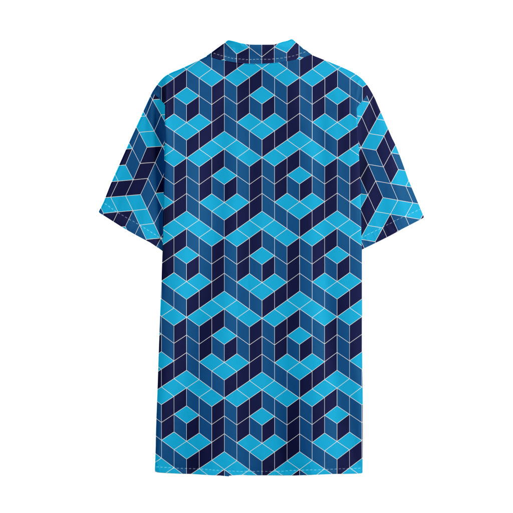 Blue Geometric Cube Shape Pattern Print Cotton Hawaiian Shirt