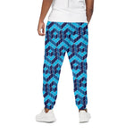 Blue Geometric Cube Shape Pattern Print Cotton Pants