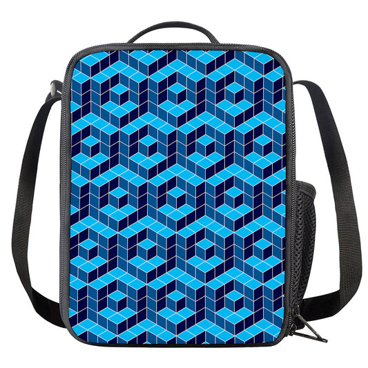 Blue Geometric Cube Shape Pattern Print Crossbody Lunch Bag