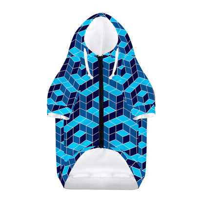 Blue Geometric Cube Shape Pattern Print Dog Zip Up Hoodie
