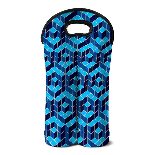 Blue Geometric Cube Shape Pattern Print Double Neoprene Wine Tote