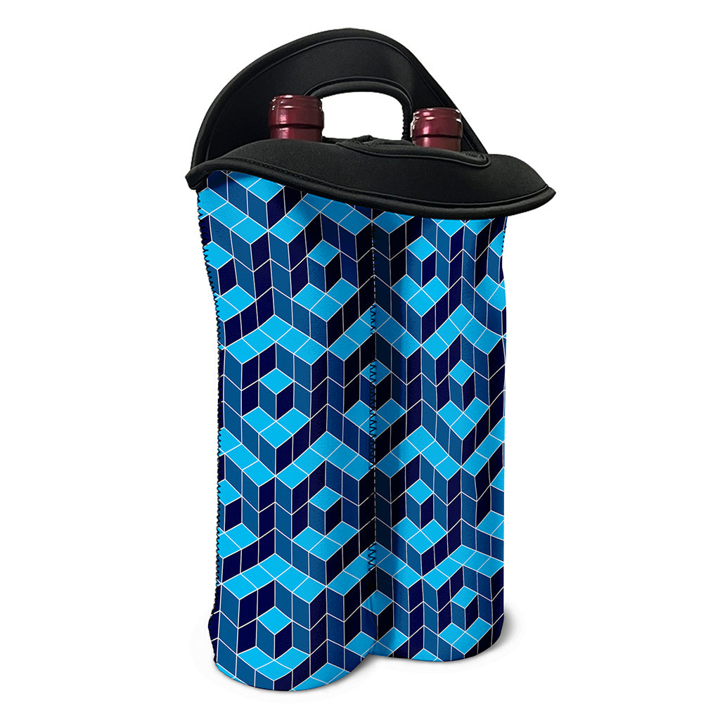 Blue Geometric Cube Shape Pattern Print Double Neoprene Wine Tote
