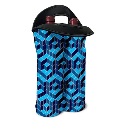 Blue Geometric Cube Shape Pattern Print Double Neoprene Wine Tote