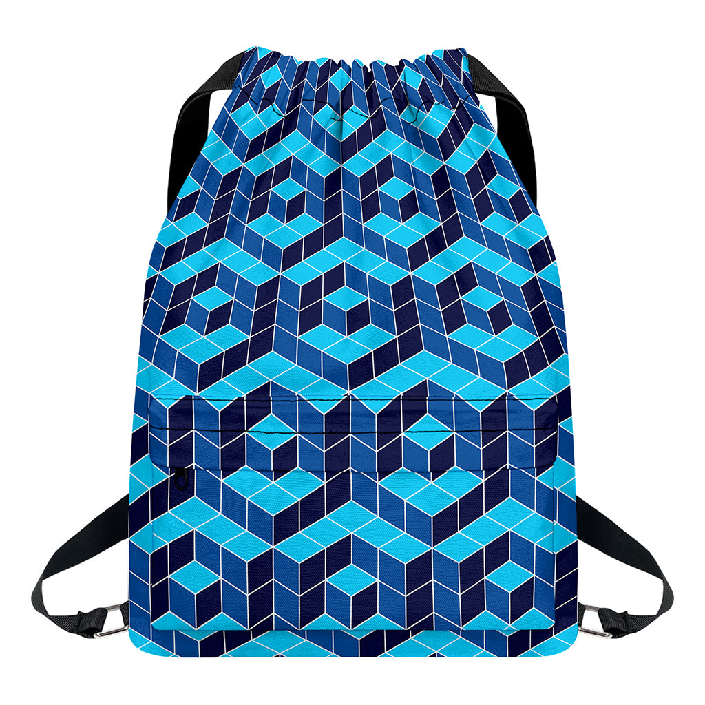 Blue Geometric Cube Shape Pattern Print Drawstring Backpack