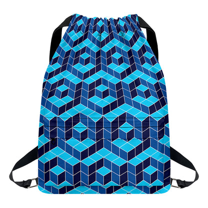 Blue Geometric Cube Shape Pattern Print Drawstring Backpack