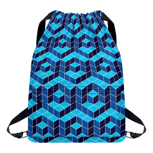 Blue Geometric Cube Shape Pattern Print Drawstring Backpack