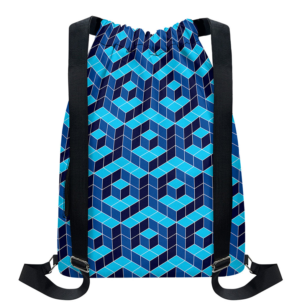 Blue Geometric Cube Shape Pattern Print Drawstring Backpack