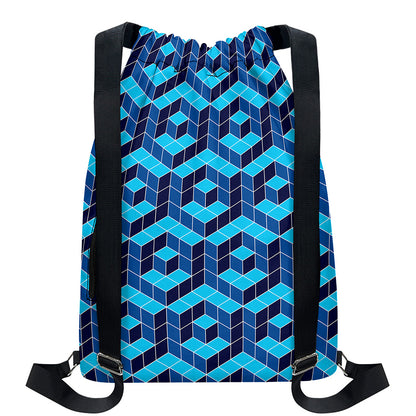 Blue Geometric Cube Shape Pattern Print Drawstring Backpack