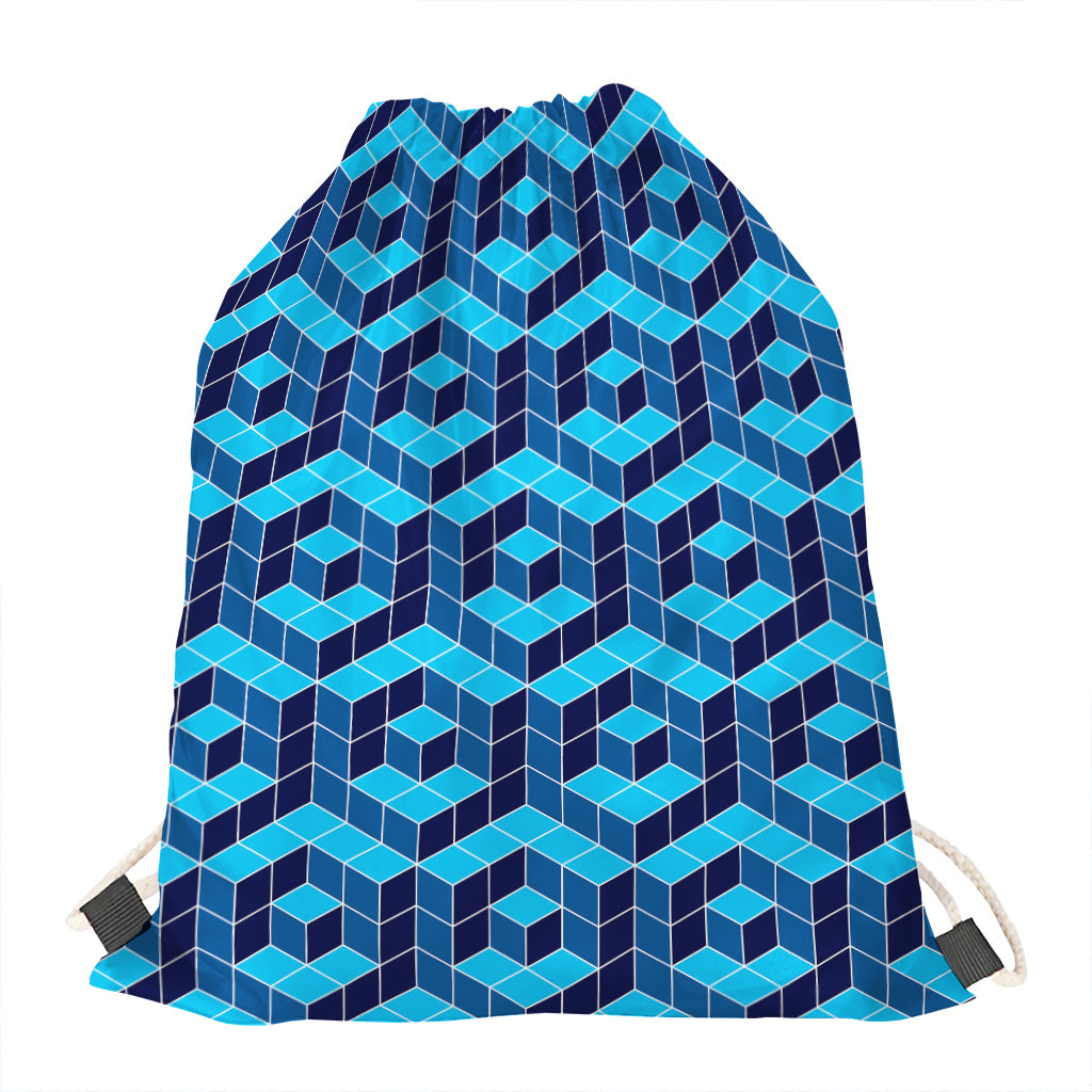 Blue Geometric Cube Shape Pattern Print Drawstring Bag
