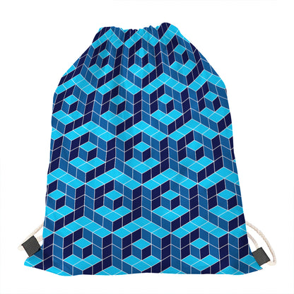 Blue Geometric Cube Shape Pattern Print Drawstring Bag
