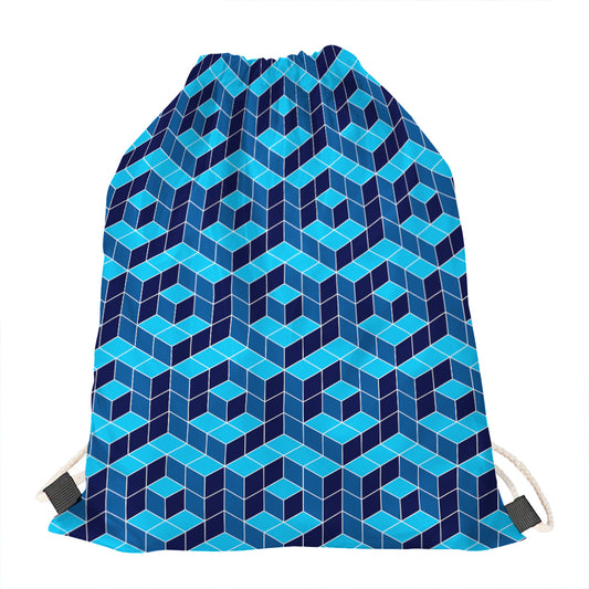 Blue Geometric Cube Shape Pattern Print Drawstring Bag