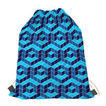 Blue Geometric Cube Shape Pattern Print Drawstring Bag
