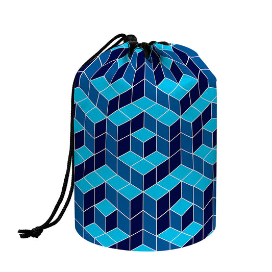 Blue Geometric Cube Shape Pattern Print Drawstring Makeup Bag