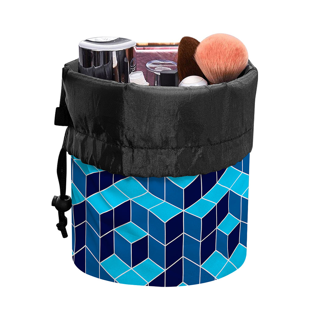 Blue Geometric Cube Shape Pattern Print Drawstring Makeup Bag