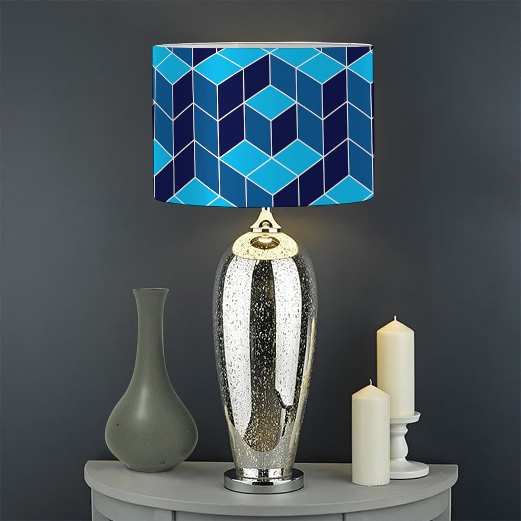 Blue Geometric Cube Shape Pattern Print Drum Lamp Shade