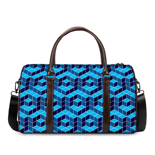 Blue Geometric Cube Shape Pattern Print Duffle Bag