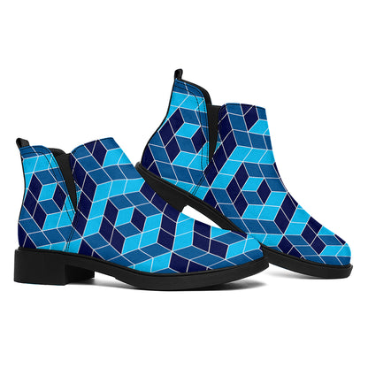 Blue Geometric Cube Shape Pattern Print Flat Ankle Boots