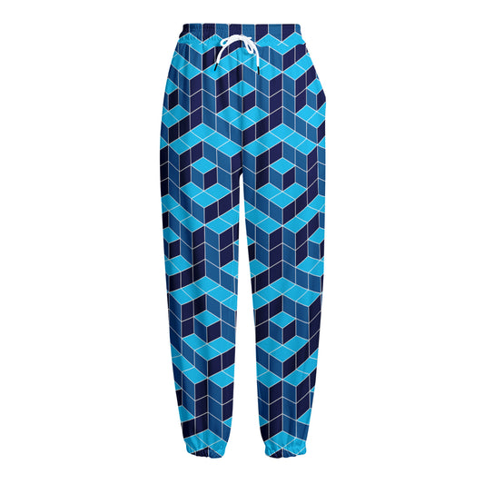 Blue Geometric Cube Shape Pattern Print Fleece Lined Knit Pants