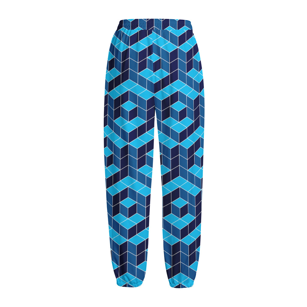 Blue Geometric Cube Shape Pattern Print Fleece Lined Knit Pants