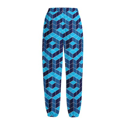Blue Geometric Cube Shape Pattern Print Fleece Lined Knit Pants