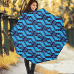 Blue Geometric Cube Shape Pattern Print Foldable Umbrella