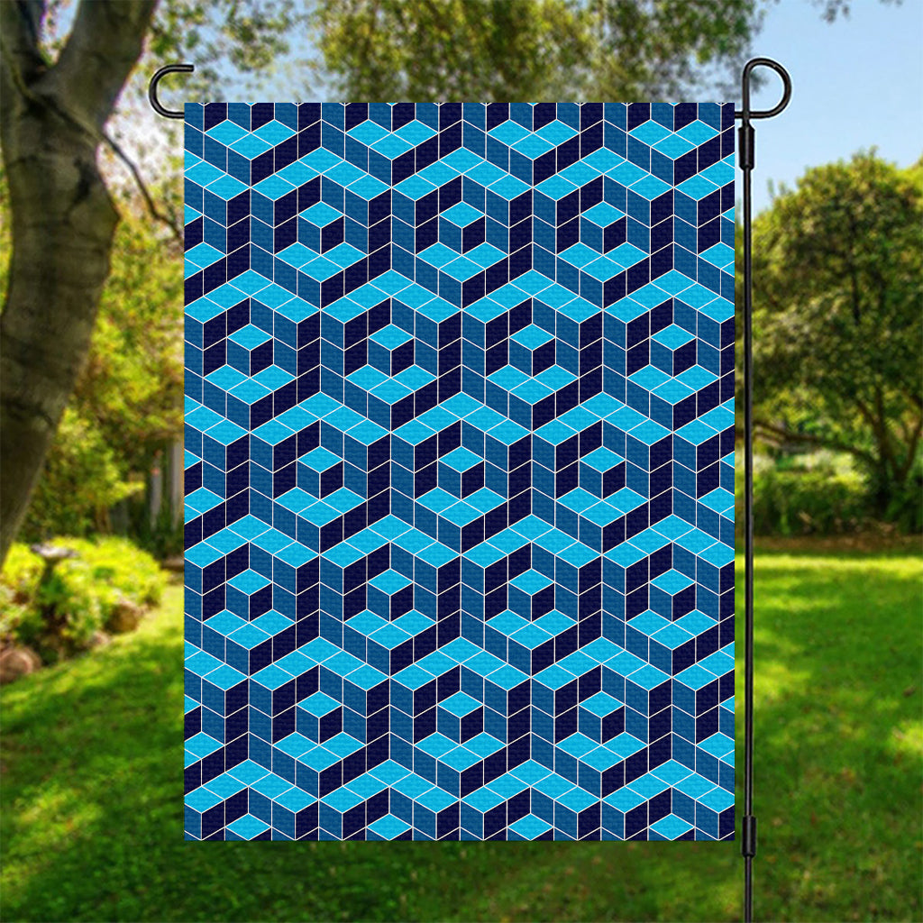 Blue Geometric Cube Shape Pattern Print Garden Flag