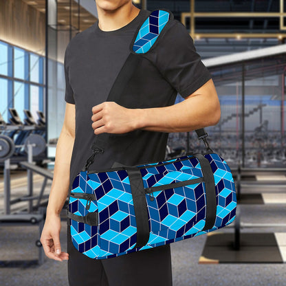 Blue Geometric Cube Shape Pattern Print Gym Bag