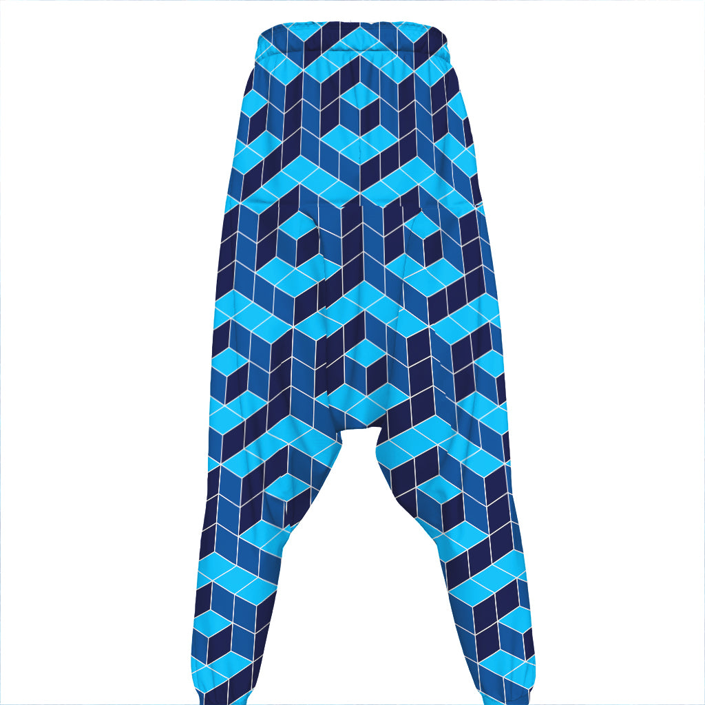 Blue Geometric Cube Shape Pattern Print Hammer Pants
