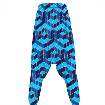 Blue Geometric Cube Shape Pattern Print Hammer Pants